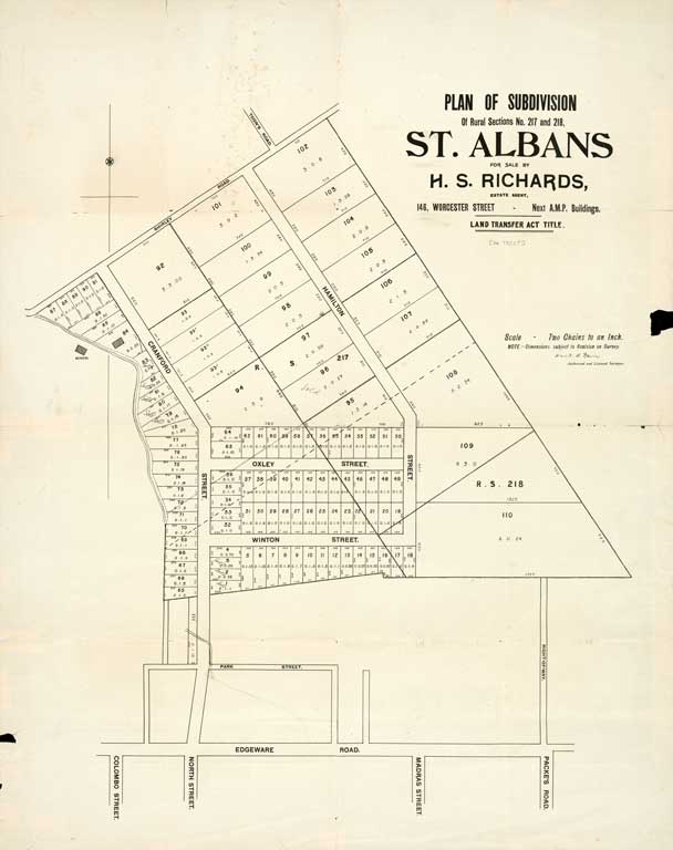 Plan of subdivision of rural sections no. 217 and 218, St. Albans, for sale by H.S. Richards. [1903?] 