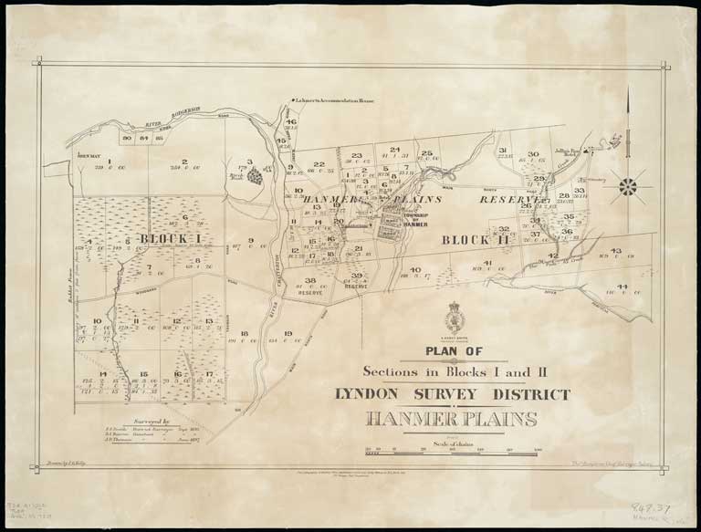 Plan of sections in blocks I and II, Lyndon Survey District, Hanmer Plains               surveyed by F.S. Smith ... Sept. 1892, D.I. Barron, Sept. 1892, J.D. Thomson ... June 1897. 1899 