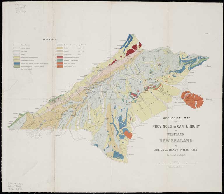 Geological map of the Provinces of Canterbury and Westland, New Zealand by Julius von Haast, P.H.D., F.R.S., principal geologist. [ca. 1866] 