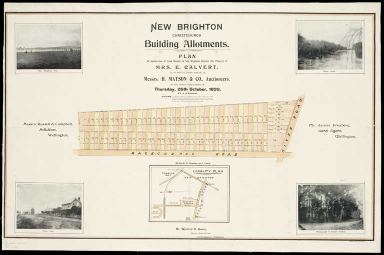 New Brighton, Christchurch, building allotments: plan of subdivision of land situate in New Brighton district, the property of Mrs. E. Calvert  / Wynford O. Beere, surv. 1899 