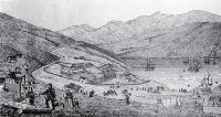 Port Lyttelton, showing the first four ships and emigrants landing from the Cressy, December 28th 1850 [28 Dec. 1850]